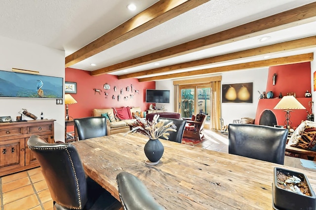 dining area with recessed lighting, light tile patterned floors, and beam ceiling
