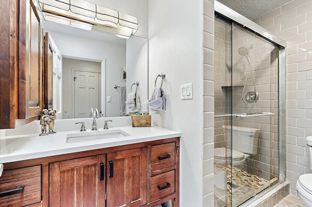bathroom featuring vanity, toilet, and a shower stall