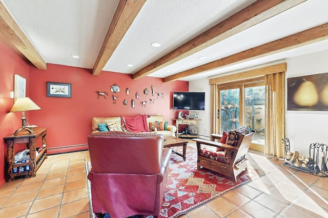 living area with light tile patterned floors, beamed ceiling, and recessed lighting