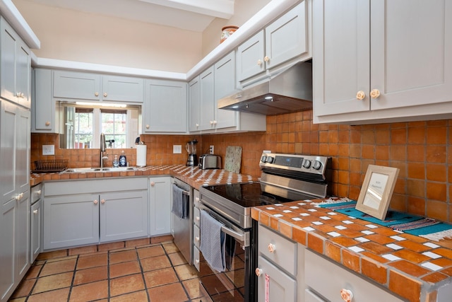 kitchen with decorative backsplash, tile countertops, appliances with stainless steel finishes, a sink, and under cabinet range hood