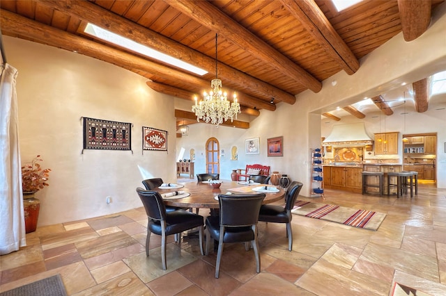 dining area with a chandelier, wooden ceiling, beam ceiling, and stone tile flooring