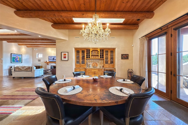 dining area with beamed ceiling, a chandelier, wooden ceiling, and plenty of natural light