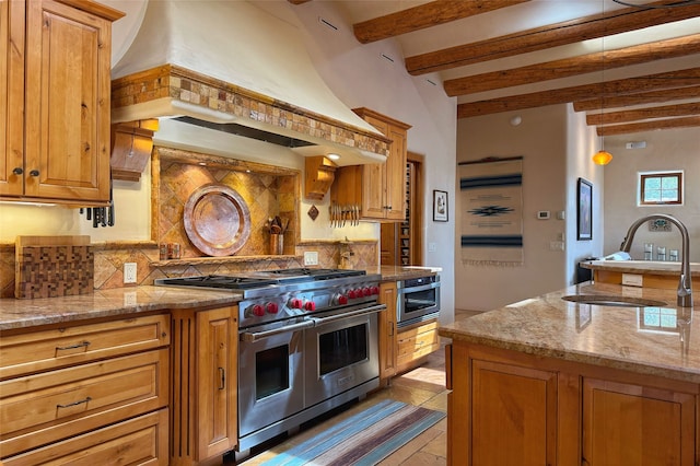 kitchen featuring beam ceiling, a sink, decorative backsplash, double oven range, and custom exhaust hood