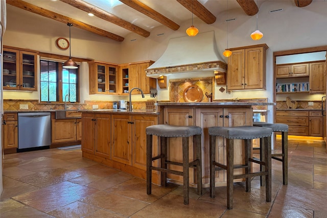 kitchen with a kitchen bar, open shelves, stainless steel dishwasher, beamed ceiling, and custom range hood