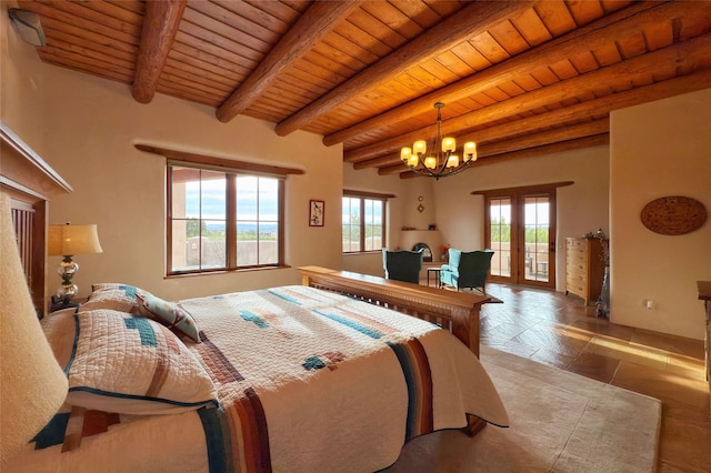 bedroom featuring wooden ceiling, a notable chandelier, beam ceiling, and access to exterior