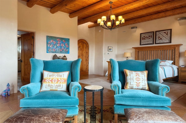 living area with wooden ceiling, beam ceiling, and a chandelier