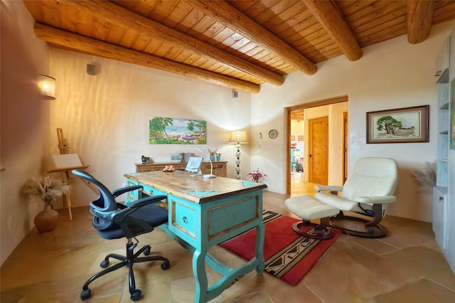 office area with beam ceiling and wooden ceiling