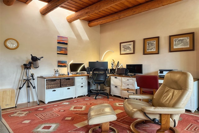 office space featuring wood ceiling and beam ceiling