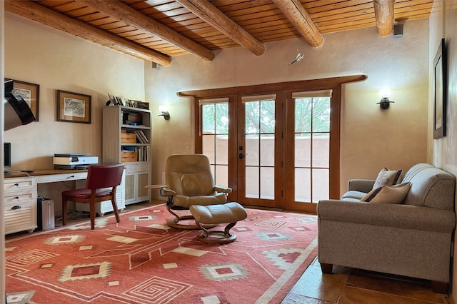 interior space with french doors, wood ceiling, and beam ceiling