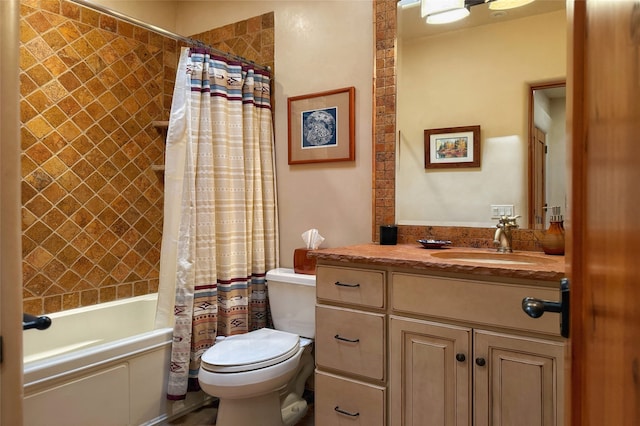 full bath featuring toilet, shower / bath combo, and vanity