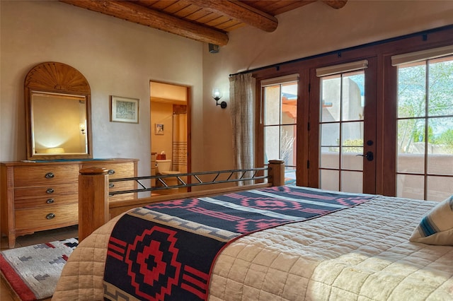 bedroom with wooden ceiling, french doors, beam ceiling, and access to exterior