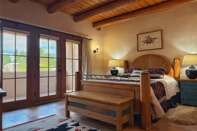 bedroom with french doors, access to outside, beamed ceiling, and wood ceiling