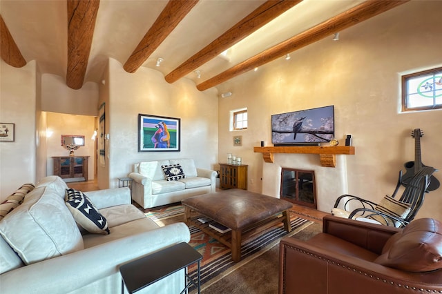 living room featuring a glass covered fireplace, beamed ceiling, and a healthy amount of sunlight
