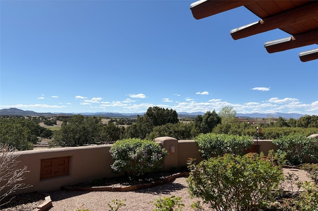 view of yard with fence and a mountain view