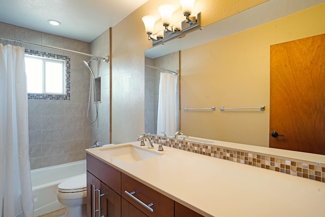 full bathroom with toilet, shower / bath combination with curtain, and vanity