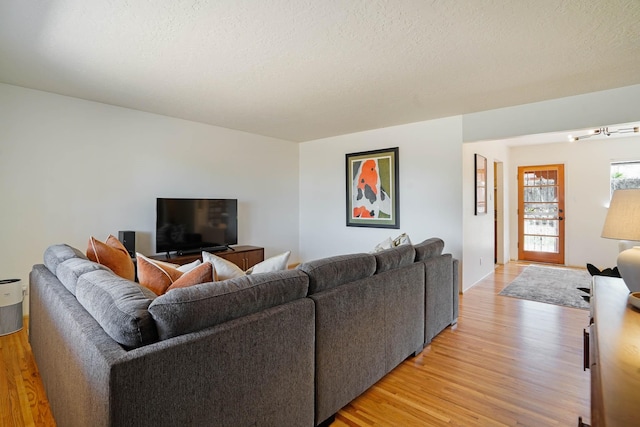 living area featuring light wood finished floors and a textured ceiling