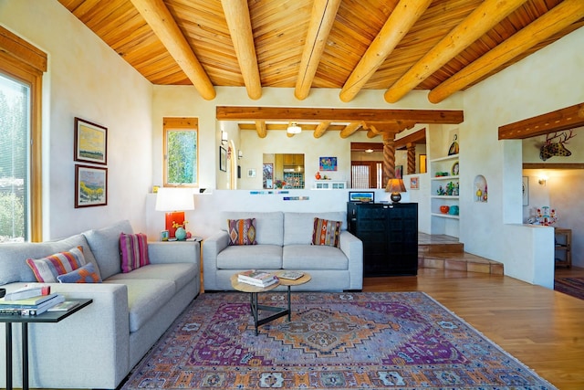 living room featuring built in features, beamed ceiling, wooden ceiling, and wood finished floors