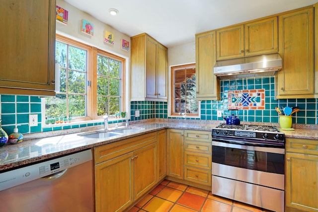 kitchen with decorative backsplash, under cabinet range hood, light stone counters, a sink, and appliances with stainless steel finishes