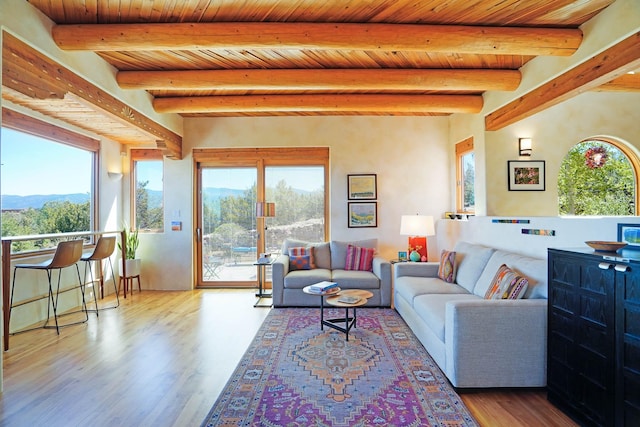 living area featuring beam ceiling, wooden ceiling, a healthy amount of sunlight, and wood finished floors
