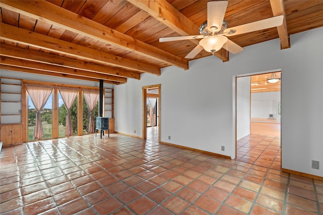 1 Jornada Loop, Santa Fe, NM 87508 - unfurnished living room featuring wooden ceiling with exposed beams, a wood stove, baseboards, ceiling fan, and tile patterned flooring