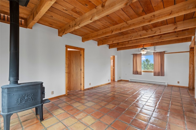 1 Jornada Loop, Santa Fe, NM 87508 - unfurnished living room featuring baseboard heating, a wood stove, wood ceiling with exposed beams, baseboards, and ceiling fan