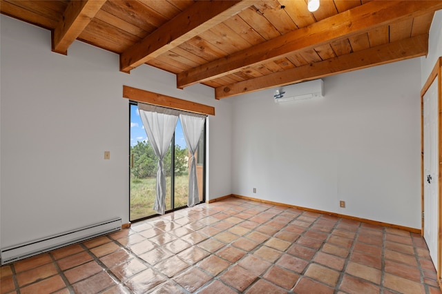 1 Jornada Loop, Santa Fe, NM 87508 - spare room featuring a baseboard radiator, wooden ceiling with exposed beams, baseboards, light tile patterned flooring, and a wall mounted AC