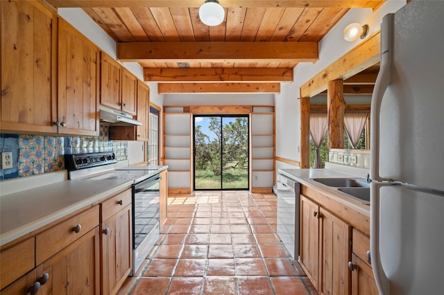 1 Jornada Loop, Santa Fe, NM 87508 - kitchen with freestanding refrigerator, electric range, under cabinet range hood, stainless steel dishwasher, and tasteful backsplash