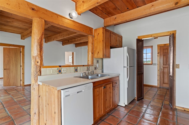 1 Jornada Loop, Santa Fe, NM 87508 - kitchen with white appliances, wooden ceiling with exposed beams, a sink, baseboards, and decorative backsplash