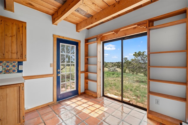 1 Jornada Loop, Santa Fe, NM 87508 - entryway with wooden ceiling with exposed beams