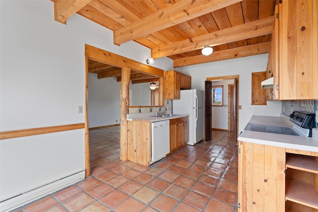 1 Jornada Loop, Santa Fe, NM 87508 - kitchen with white appliances, baseboard heating, wood ceiling with exposed beams, light countertops, and ceiling fan