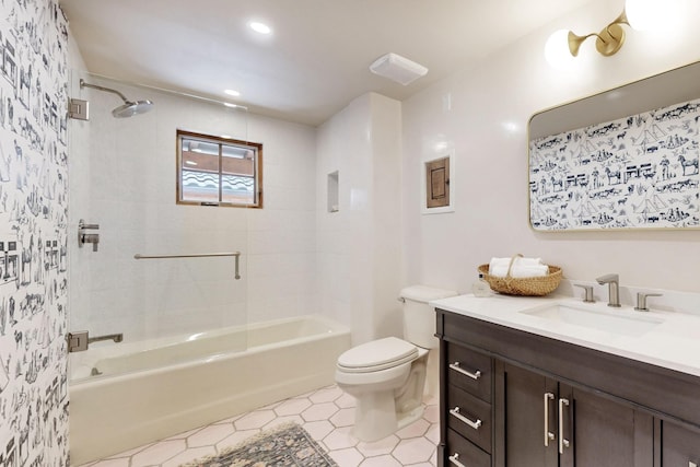 full bathroom with toilet, recessed lighting, bathing tub / shower combination, and vanity