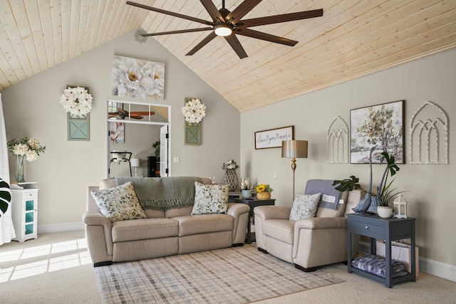 carpeted living area with baseboards, ceiling fan, and wooden ceiling