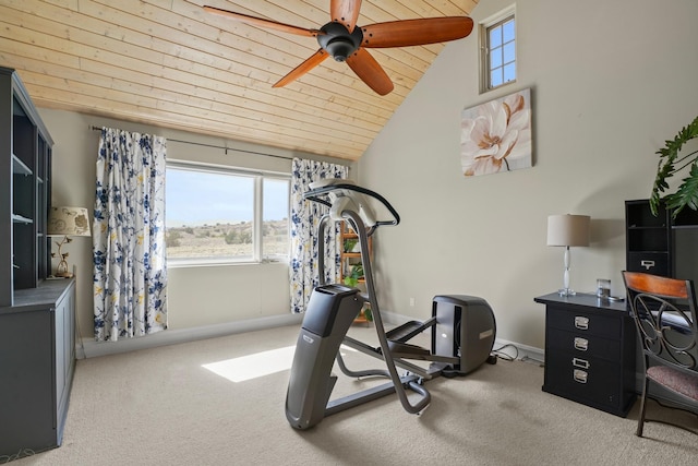 exercise area featuring carpet floors, baseboards, ceiling fan, wood ceiling, and vaulted ceiling