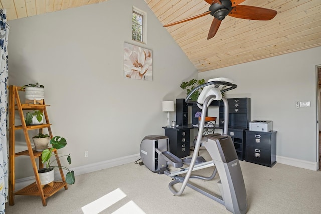 exercise room with carpet, lofted ceiling, and wooden ceiling
