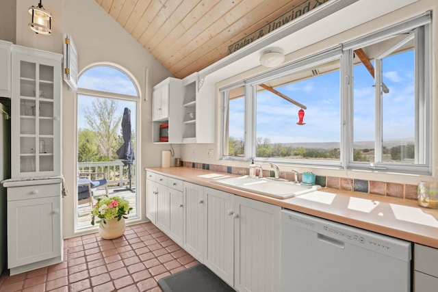 kitchen featuring a sink, dishwasher, white cabinetry, wooden ceiling, and vaulted ceiling