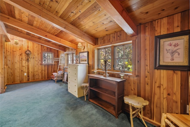 interior space featuring wooden walls, plenty of natural light, beamed ceiling, and carpet