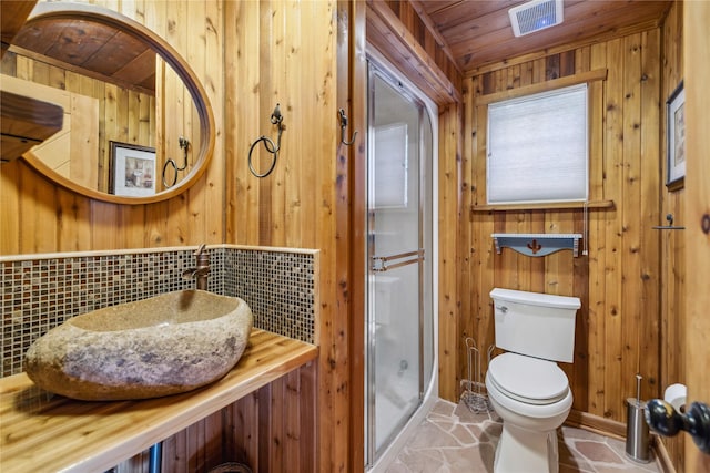 full bath with wooden walls, a stall shower, toilet, and visible vents