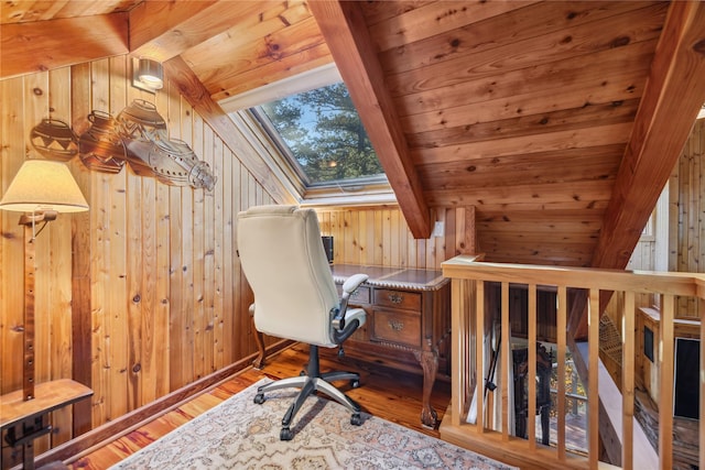 office featuring vaulted ceiling with skylight, wooden ceiling, wood walls, and wood finished floors