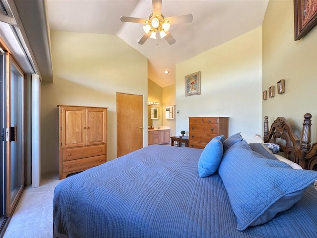 4621 Esperanza, Los Alamos, NM 87544 - bedroom with light colored carpet, ceiling fan, ensuite bath, and high vaulted ceiling