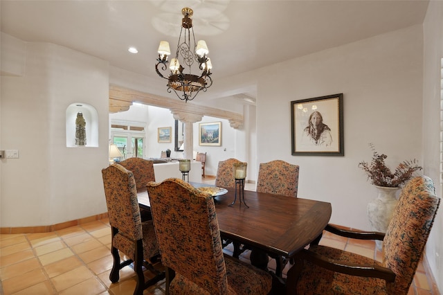 3101 Old Pecos Trl Unit 627, Santa Fe, NM 87505 - dining space with an inviting chandelier, baseboards, light tile patterned floors, and recessed lighting