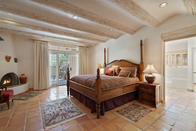 3101 Old Pecos Trl Unit 627, Santa Fe, NM 87505 - bedroom featuring beam ceiling, access to outside, light tile patterned flooring, and recessed lighting