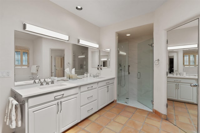3101 Old Pecos Trl Unit 627, Santa Fe, NM 87505 - full bathroom featuring a shower stall, recessed lighting, double vanity, and a sink