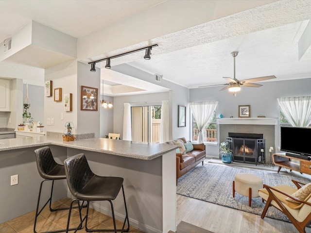 505 Oppenheimer Dr Unit 1304, Los Alamos, NM 87544 - kitchen with visible vents, track lighting, a breakfast bar, ceiling fan, and a tiled fireplace