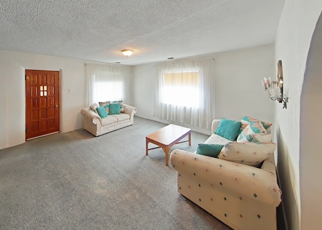 living room with carpet flooring and a textured ceiling
