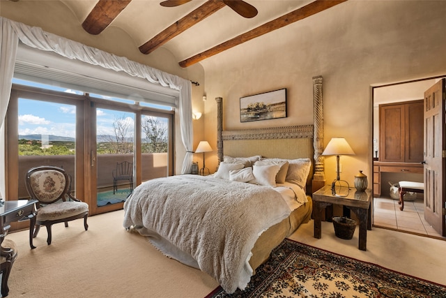 35 Sage Cir, Santa Fe, NM 87506 - bedroom featuring ceiling fan, lofted ceiling with beams, and access to exterior