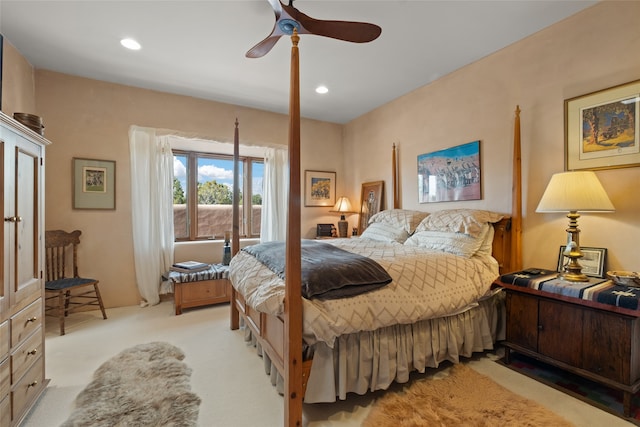 35 Sage Cir, Santa Fe, NM 87506 - bedroom with recessed lighting, a ceiling fan, and light carpet