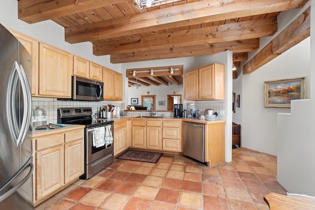 kitchen with wood ceiling, appliances with stainless steel finishes, beam ceiling, and light brown cabinets