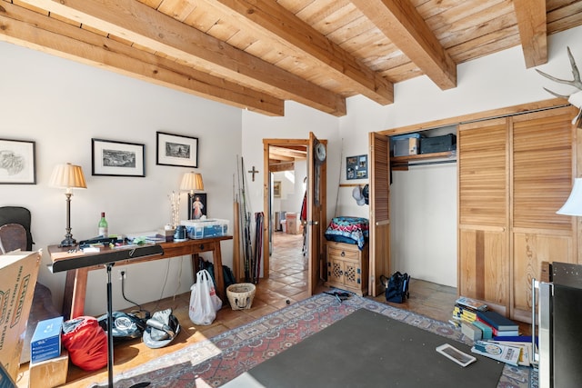 office space featuring wooden ceiling and beamed ceiling