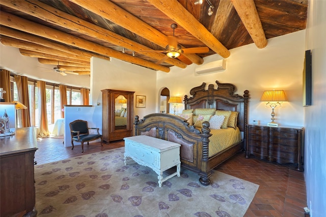 bedroom with an AC wall unit, arched walkways, beam ceiling, and wood ceiling