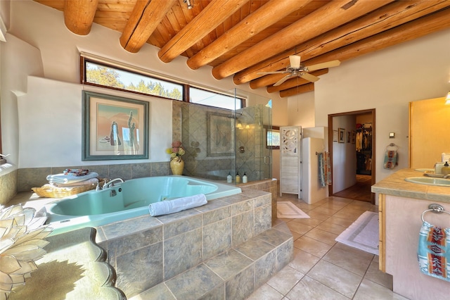 full bathroom featuring beamed ceiling, wood ceiling, a bath, tile patterned floors, and a shower stall